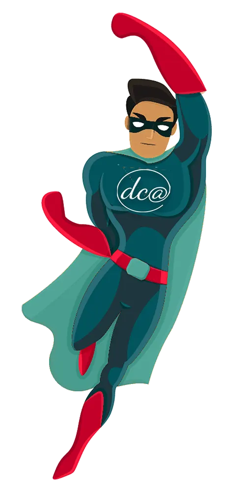 Front view of a flying DCA Virtual Assistant Superhero