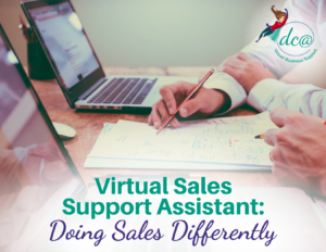 Virtual Sales Support Assistant Doing Sales Differently. Image of two people looking at paperwork while holding pencils. Two open laptops and two extra pencils sit on the table in front of them.