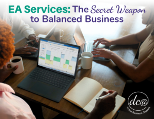 EA Services: The Secret Weapon to Balanced Business. Image of three people sitting at a table while working on laptops.