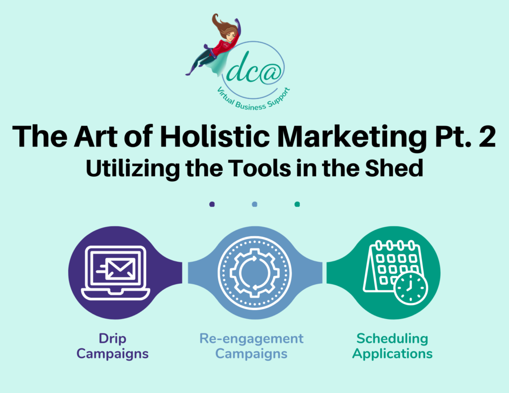 The Art of Holistic Marketing Pt. 2: Utilizing the Tools in the Shed. Drip Campaign - icon of a laptop with and email sending icon on its screen. Re-engagement Campaigns - icon of a gear with rotating arrows. Scheduling Applications - icon of a calendar and clock. DCA Virtual Business Support.