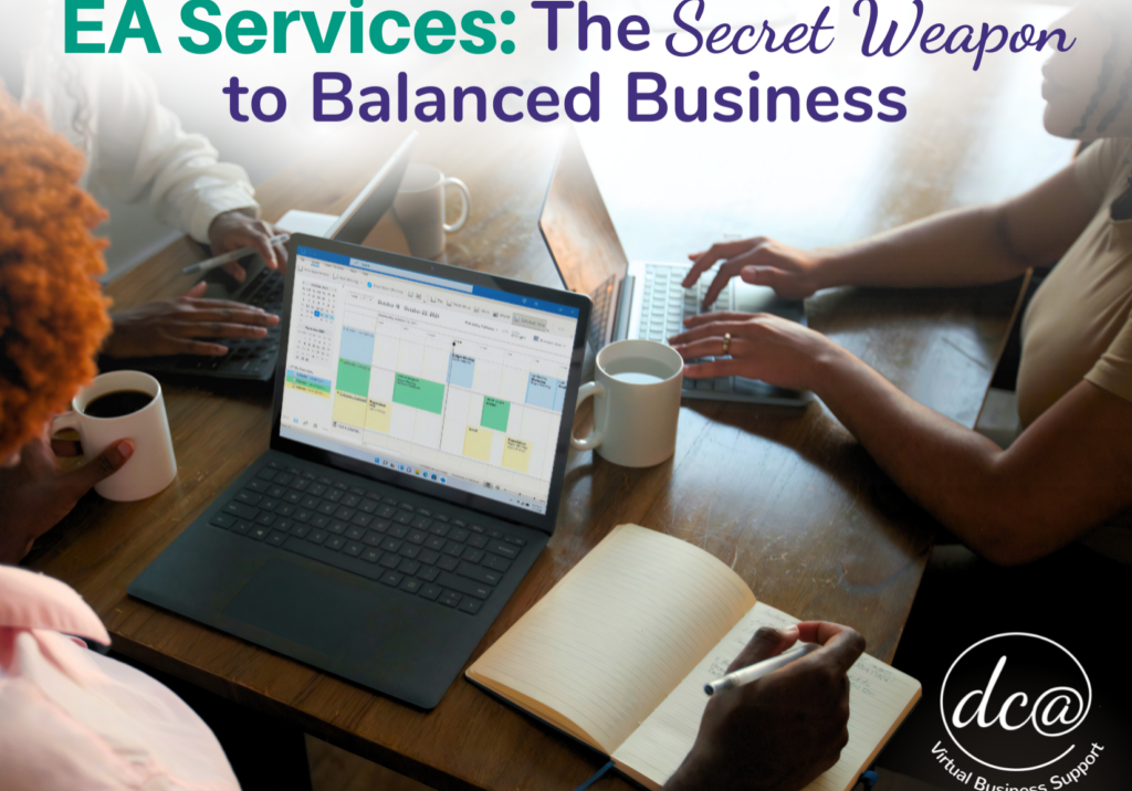 EA Services: The Secret Weapon to Balanced Business. Image of three people sitting at a table while working on laptops.