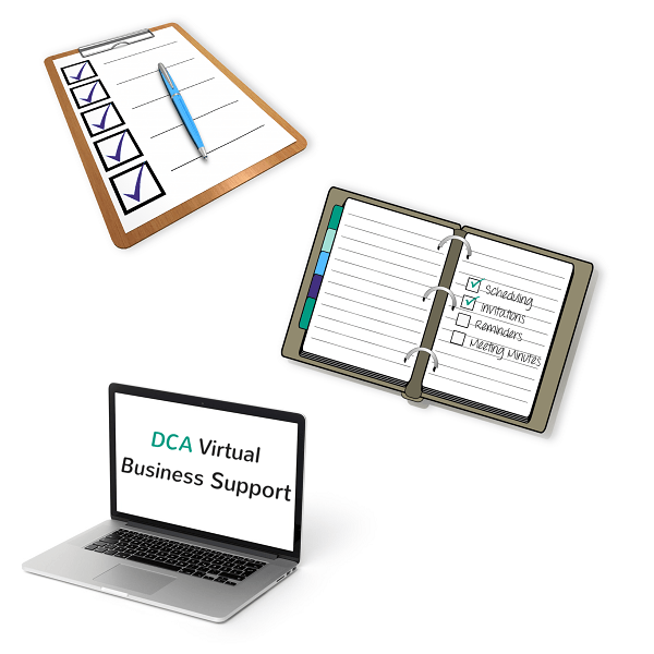 Image of a check list on a clipboard, check list in a binder, and a laptop that says DCA Virtual Business Support. Association & NonProfit Management