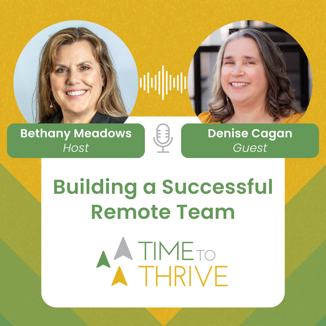 Time To Thrive Podcast: Building a Successful Remote Team with host, Bethany Meadows and guest, Denise Cagan. Media